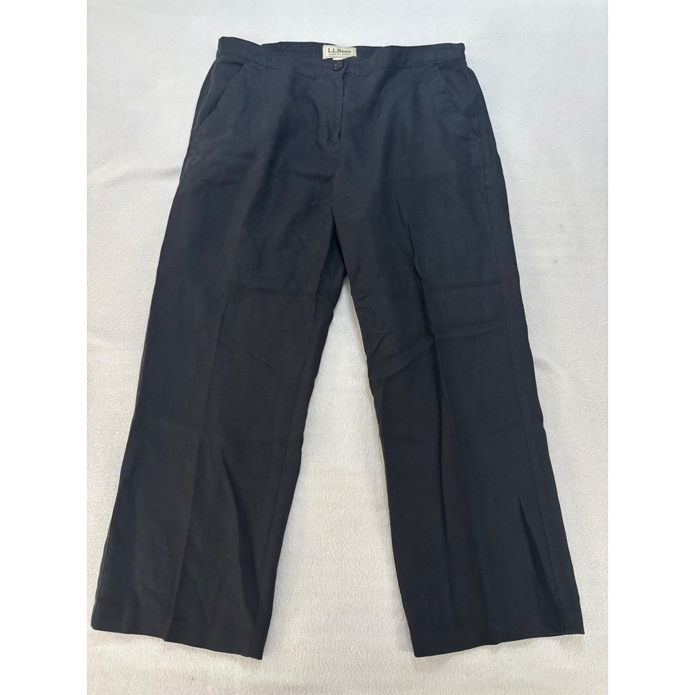 LL Bean Womens 14 Petite Black Linen Pants Classic Fit Straight Leg Trousers